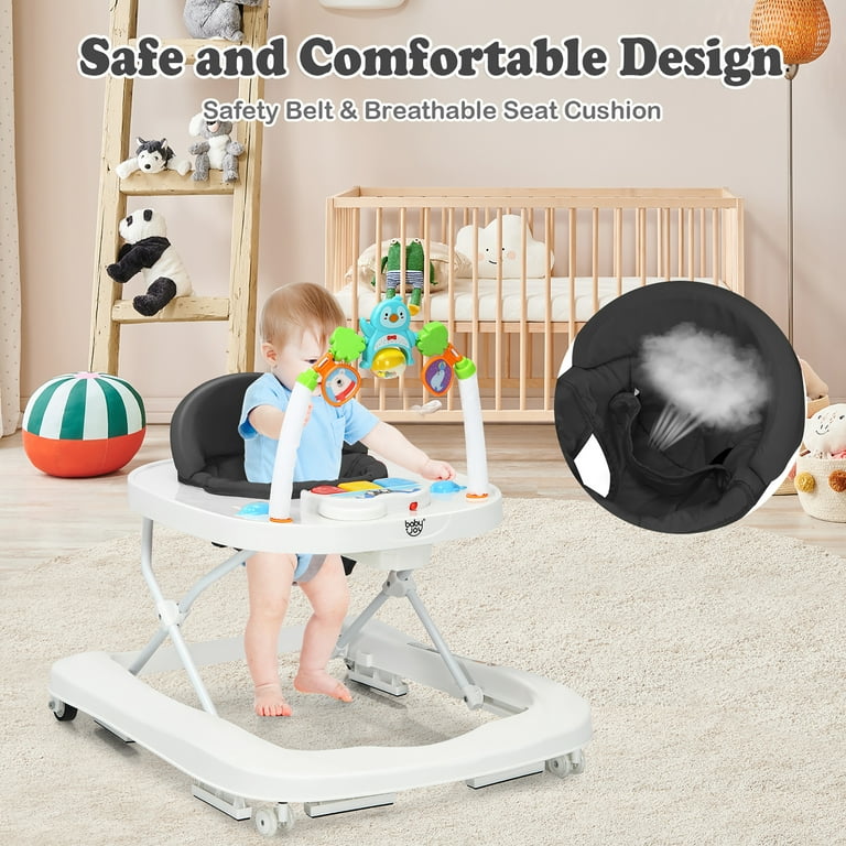 Babyjoy 2 in 1 Foldable Baby Walker with Adjustable Heights Detachable Toy Tray Grey