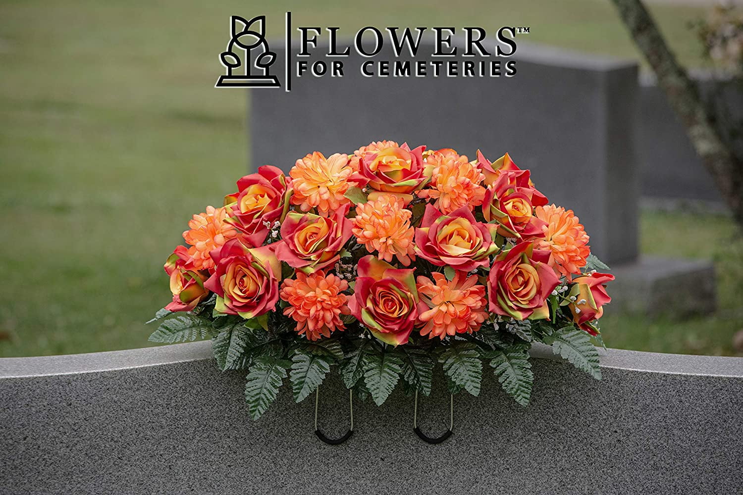 Sympathy Silks Artificial Cemetery Flowers 30" Sunset Orange Open Roses/Orange Mums cemetery saddle