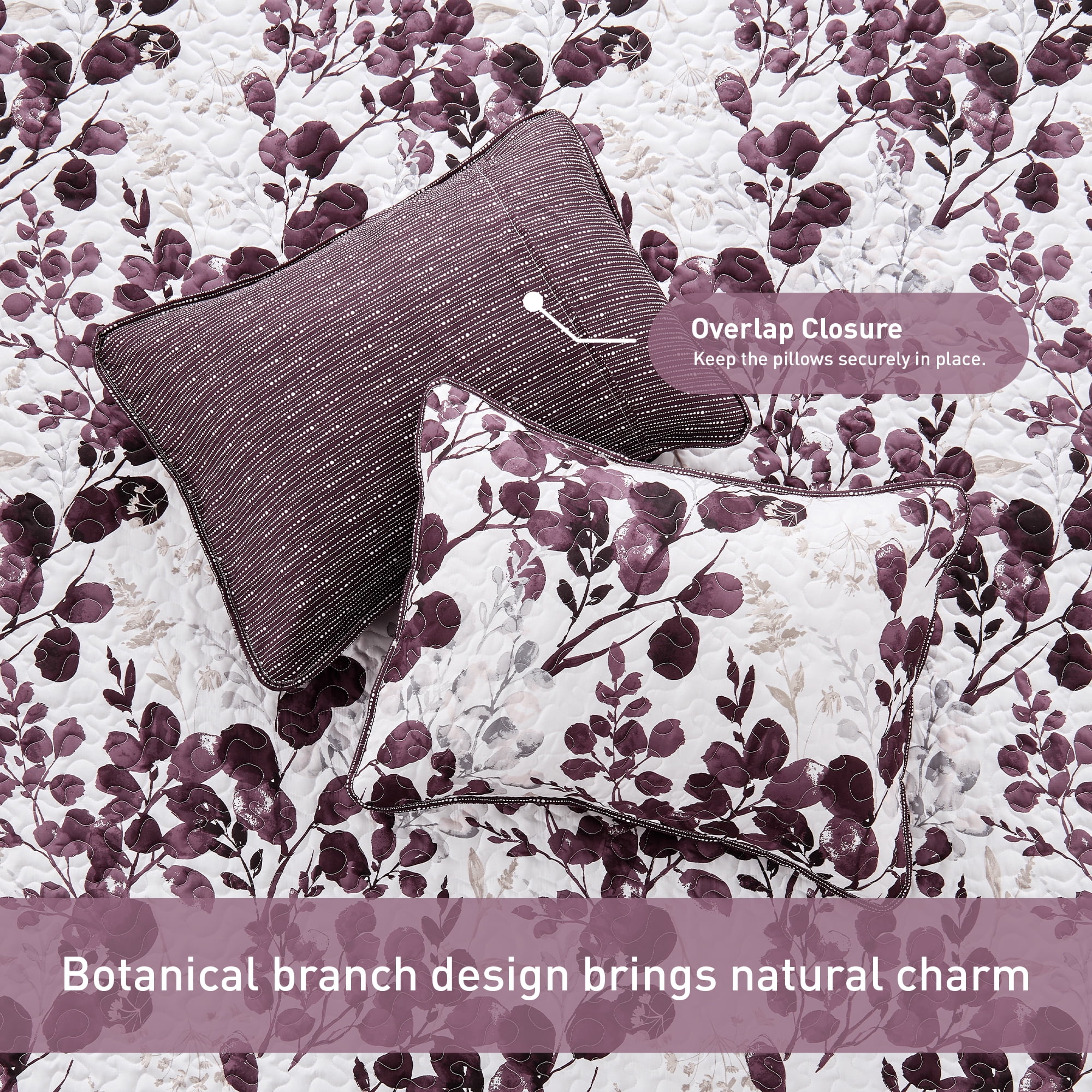 Regency Heights Full/Queen Botanical Quilt Set, 3-Piece Reversible Floral Summer Quilt Coverlet Bedding Set, Plum Quilted Bedspread with Shams for All Season