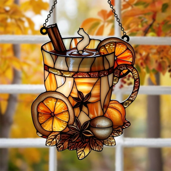 Pumpkin Spice Mug Acrylic Faux Stained Glass Suncatcher, Cozy Autumn Kitchen Window Hanging, Fall Coffee Lover Decor Gift for Her