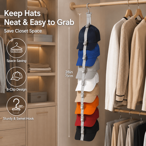 Space Saving Hat Organizer - Gray Wall Mount Cap Rack with 8 Clips, Hat Hooks for Baseball Hats, Dorm Closets & Door, Home Hat Storage Solution, Gray, 1pc