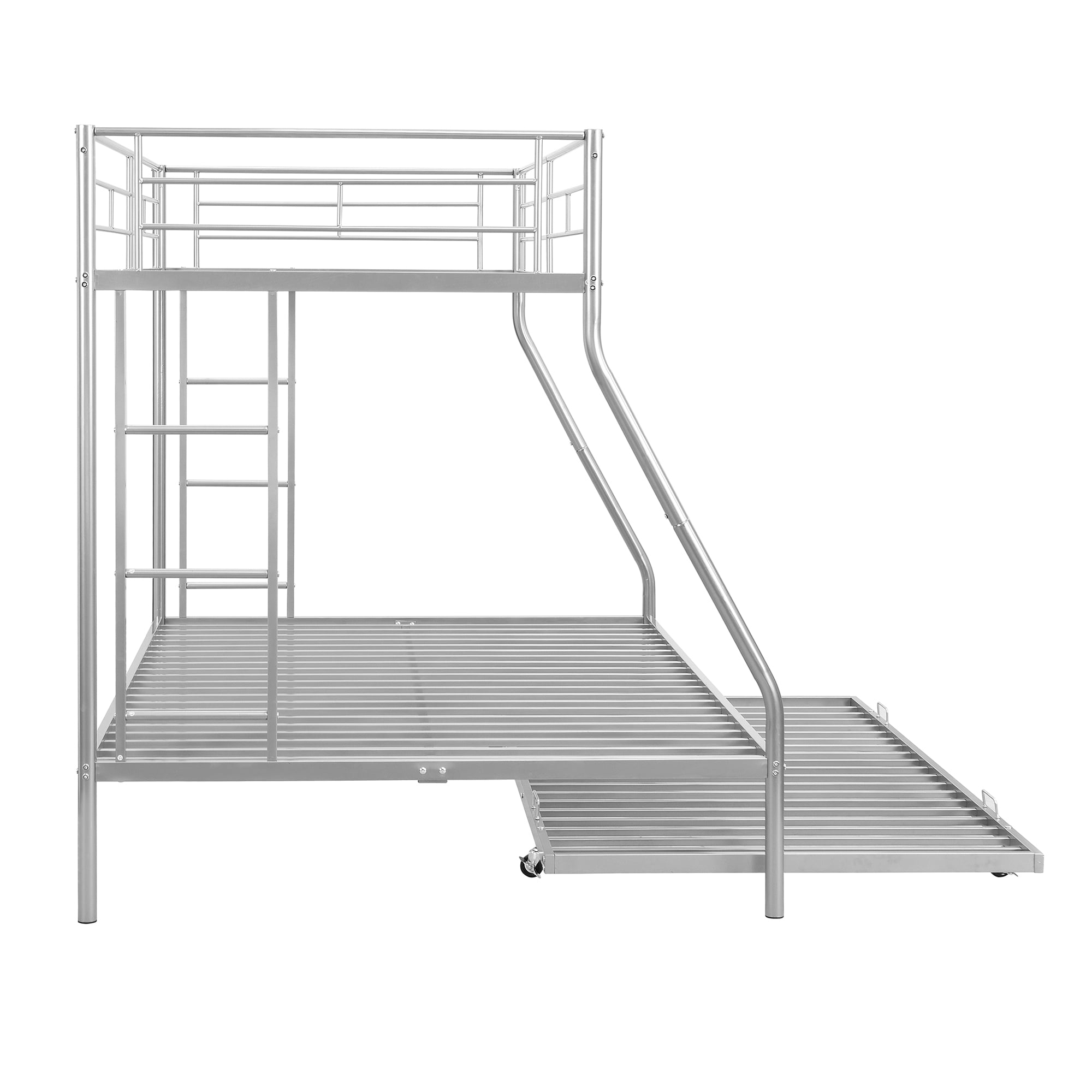 Euroco Metal Twin over Full Bunk Bed with Moveable Trundle & 2 Ladders for Bedroom, 3 Beds for Kids Teens Adults and Guests, Silver