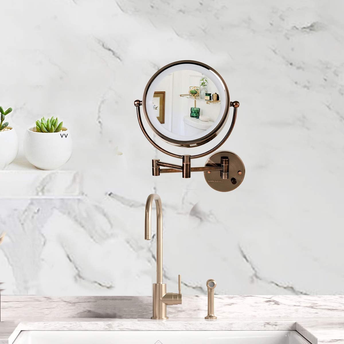 OVENTE Wall Mounted Lighted Makeup Vanity Mirror, 9" Hard Wired Double Sided 1X/7X Magnifying Bathroom Mirror, Dimmable LED Lights, 360° Rotation and 14" Extendable Arm, Antique Brass MPWD3185AB1X7X