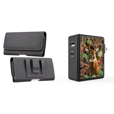 Holster and Wall Charger Bundle for Samsung Galaxy A03s: Horizontal Belt Pouch Case Nylon Fabric (Grey) and 45W Dual USB Port PD Power Delivery Type-C and USB-A Power Adapter (Deer Hunter Camo)