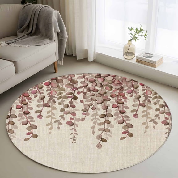 Round Area Rugs Collection 4 Ft, Brown Eucalyptus Leaves Non-Slip Residential Carpet, Spring Leaves Plants Country Beige Indoor Crawling Mats Runner Rugs for Living Room/Dining Room/Bedroom