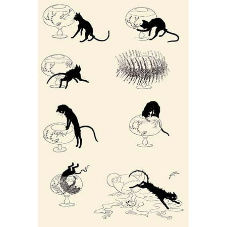 A series of images showing a cat trying to get at a goldfish and ending up all wet Poster Print by Theophile (Best Way To Bulk Up And Get Cut)