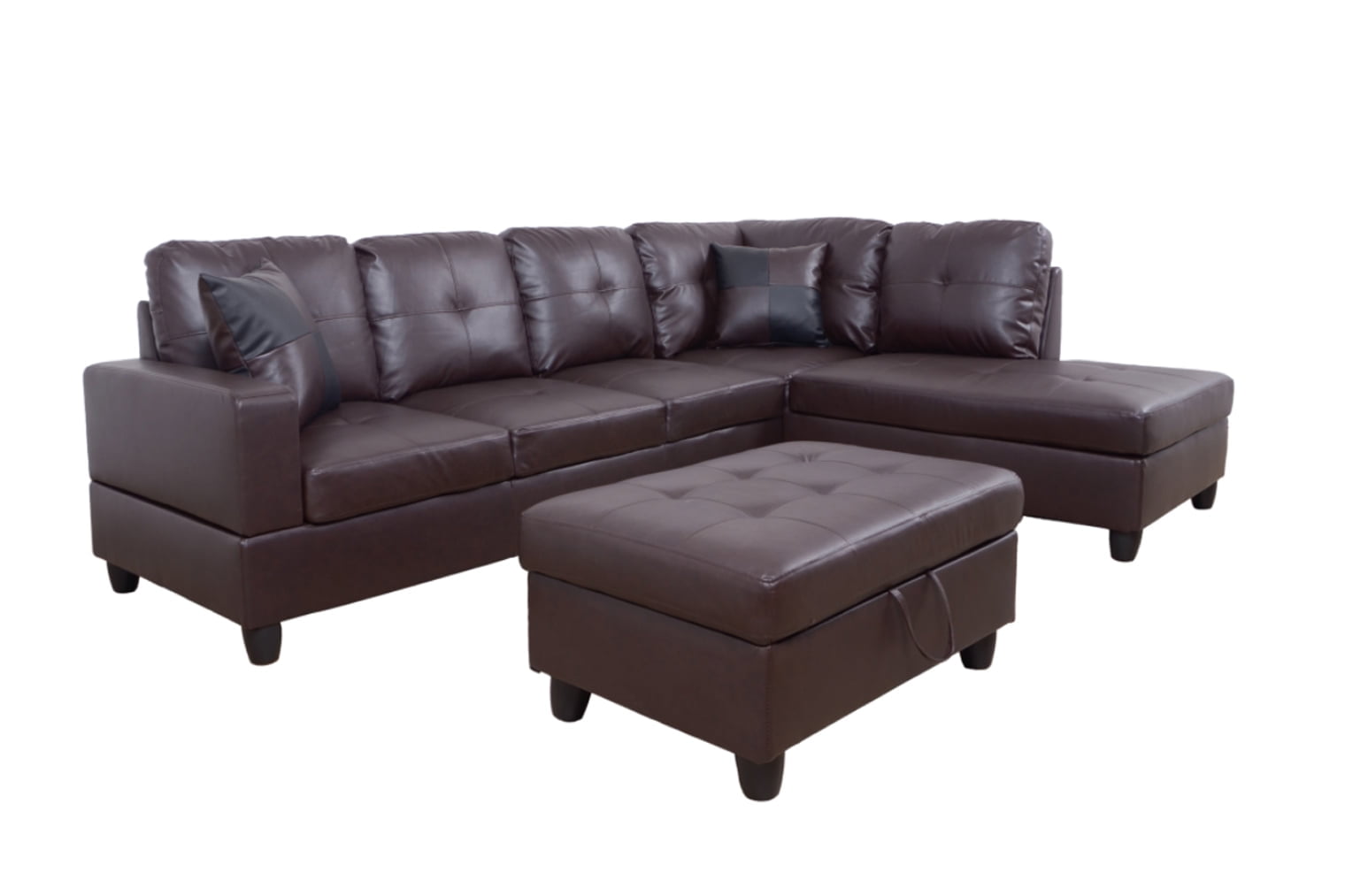 PonLiving Furniture Brown Faux Leather 3 Piece Sectional Sofa Couch Set, L-Shaped Modern Sofa with Chaise Storage Ottoman for Living Room Furniture, Right Hand Facing