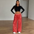 thumbnail image 7 of WULMLEO Women Sparkly Sequin Wide Leg Pants Shiny Elastic Low Rise Drawstring Palazzo Pant Glitter Baggy Party Long Trouser Red S, 7 of 7