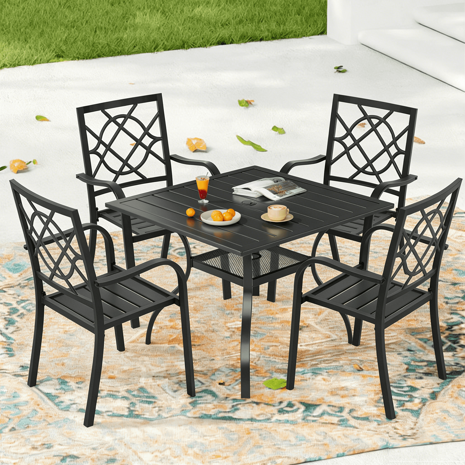 Suncrown 5-Piece Metal Outdoor Patio Dining Set with Square Table, Black
