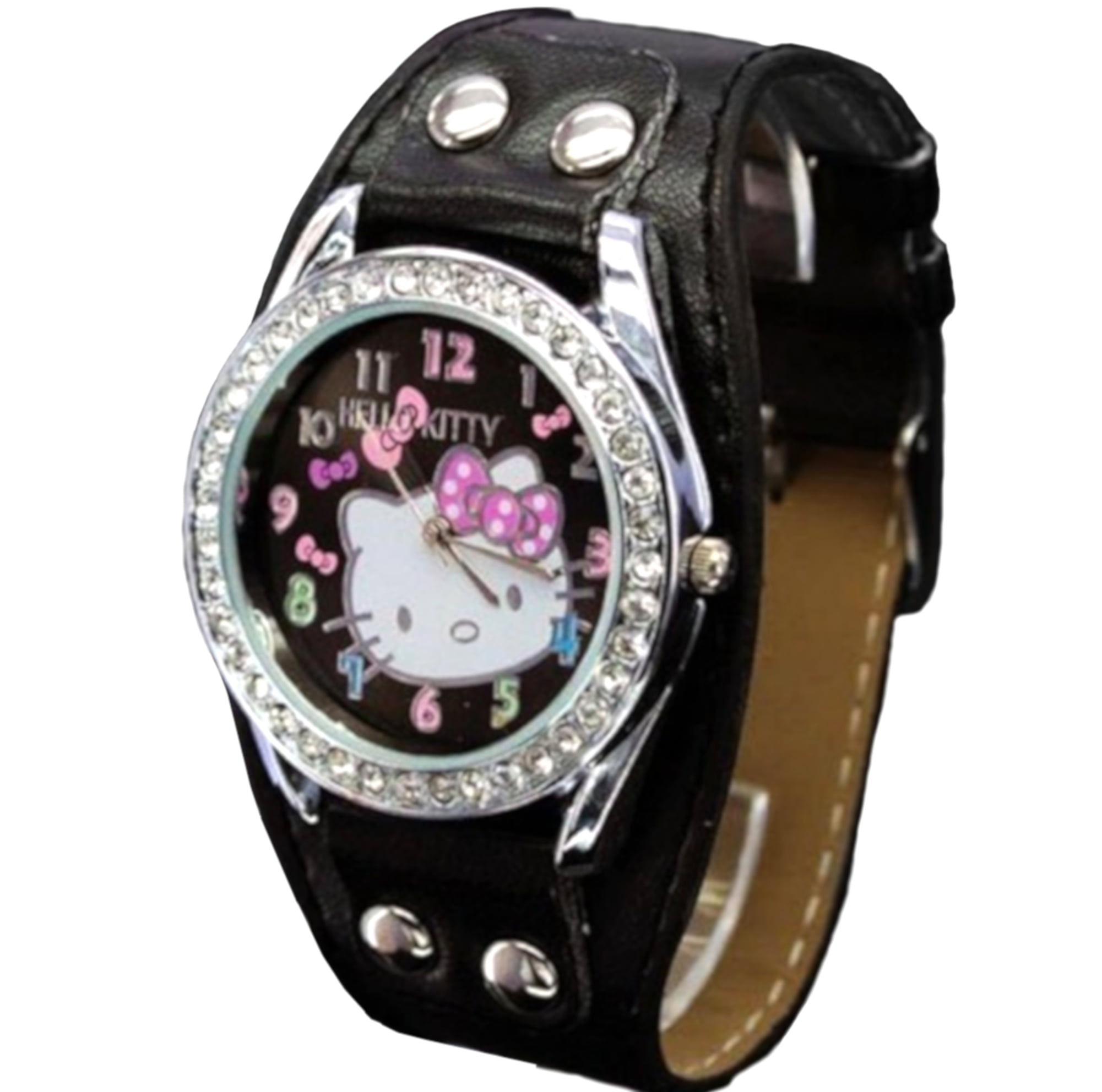 Hello Kitty Style Wide Band Crystal Face Girls Woman Black Band Watch
