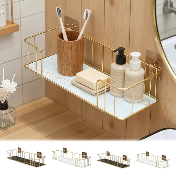 Btomtd Cosmetic and Shampoo Shelving Unit for Bathroom Vanity, Toiletries Storage Rack with Wall Mount Shelf Organizer, 17.7"D x 5"W x 3"H (White)