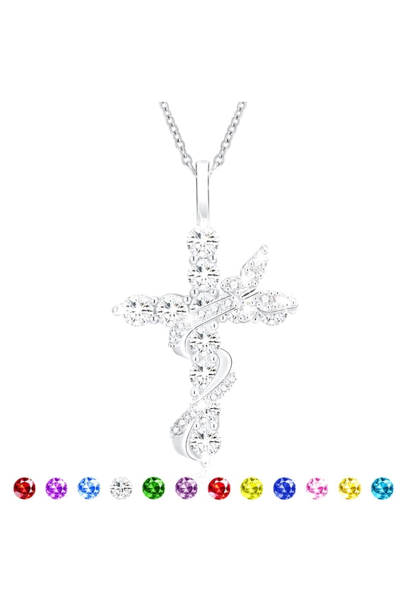 S925 Sterling Silver Plated Butterfly Cross Necklaces for Women Girls April Birthstone Necklace with Crystal Birthday First Communion Graduation Mothers Day Jewelry Gifts Teen Her Mom Kids