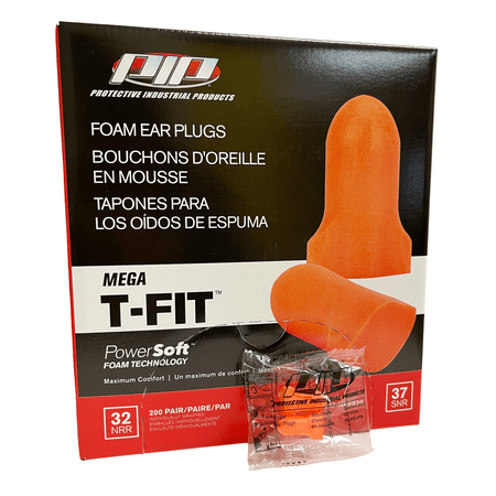 

PIP Mega T-Fit T-Shape Disposable Soft Polyurethane Foam Ear Plugs Uncorded - NRR 32 - 200 Pair/Box
