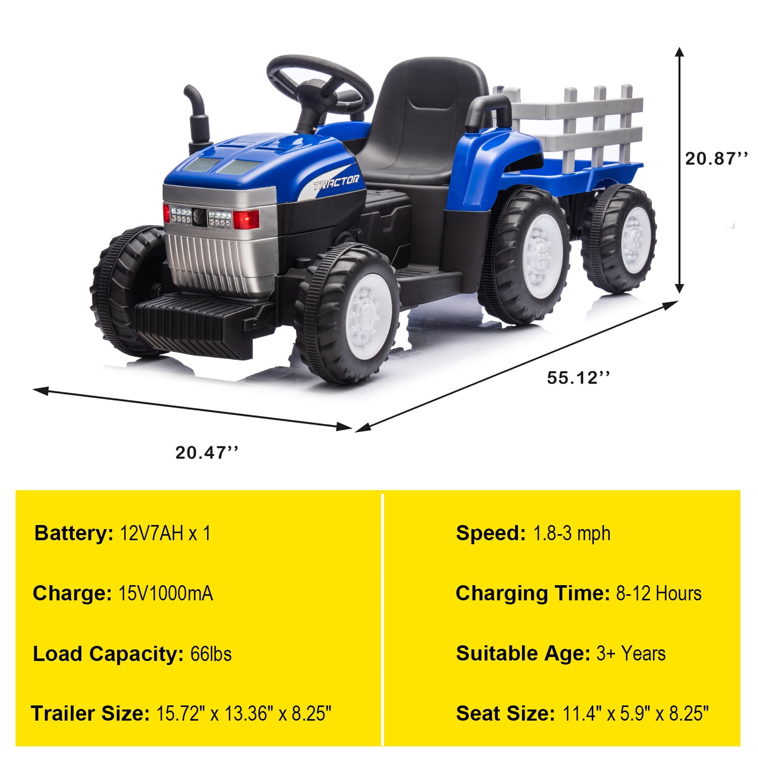 XCLOUD 12V Toy Tractor with Trailer, Remote Control, Kids' Electric Excavator Vehicles with 2x35W Dual Motor, Treaded Tires, LED Lights, USB, Music, Blue