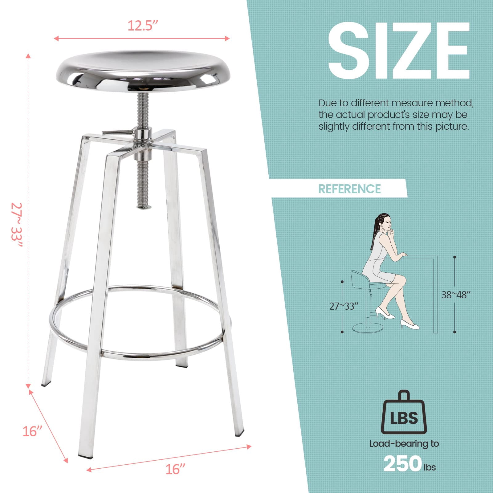 Modern Metal Bar Stools Set of 2, Backless Round Counter Height Swivel Bar Stools for Kitchen Island Dining Pub Cafe (Chrome)