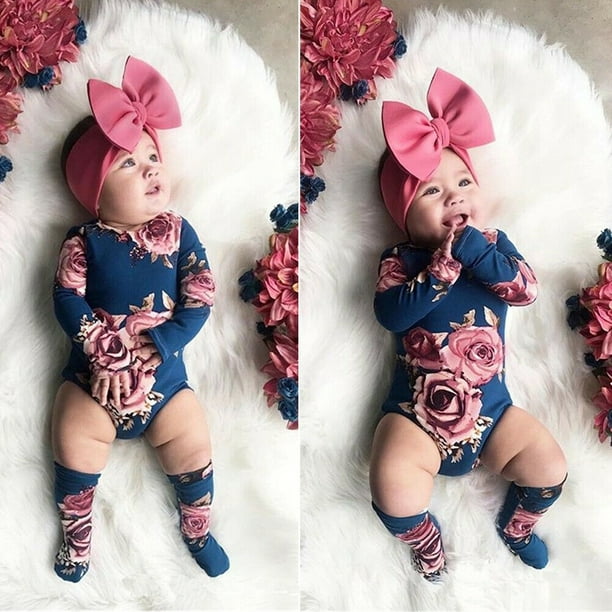2PCS Baby Newborn Girl Flower Romper Bodysuit Jumpsuit Leg Warmers Outfits  Set Clothes 