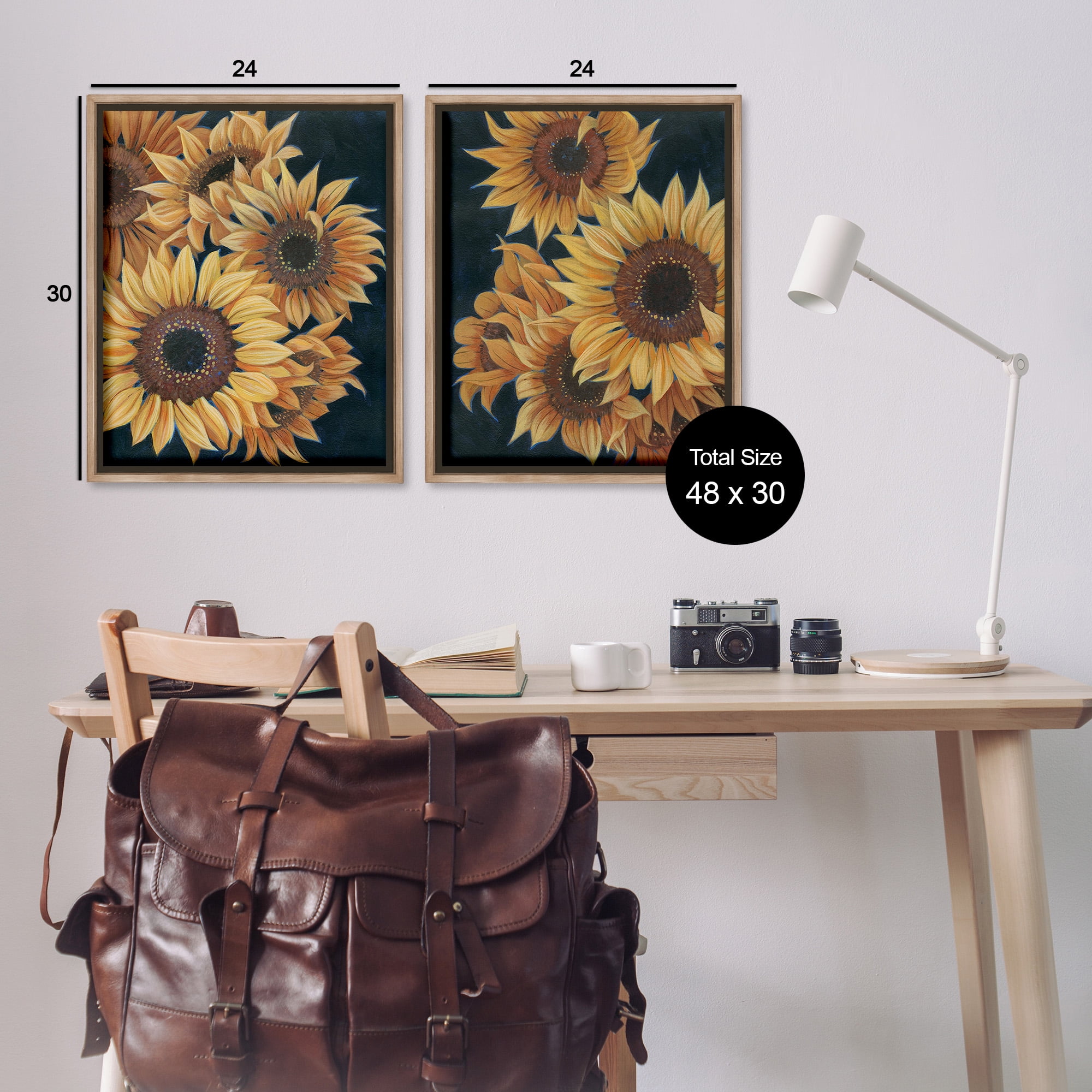 Stupell Industries Sunflowers on Black Botanical & Floral Painting Brown Floater Framed Canvas Art Print Wall Art, 25 x 31, Set of 2