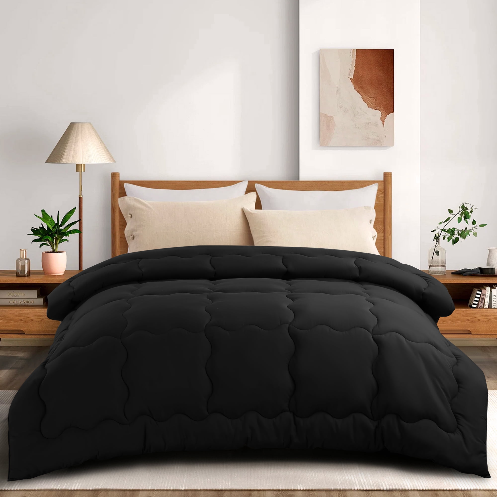 Oversized Queen Comforter, Winter Warm Comforter Ultra Soft Quilted Duvet Insert with Corner Tabs, Wavy Box Stitched, Luxury Fluffy Lightweight (Black,98 x 98 inch)