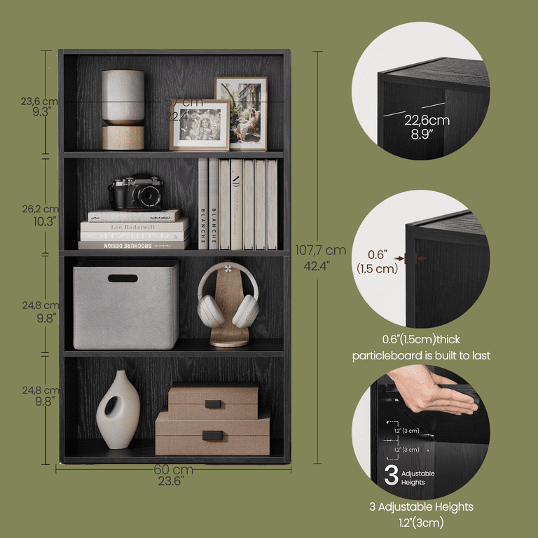 Ledrem 4-Tier Adjustable Bookcase, Ebony Black photo 2
