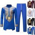 thumbnail image 4 of Dezsed Ethnic Style Suit for Men 2 Piece Outfit Printed Muscle Tee T-Shirt Casual Long Sleeve Stand-Up Collar Blouse Shirt Set Blue XL, 4 of 4