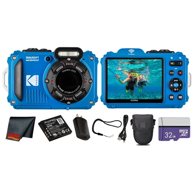 Kodak PIXPRO WPZ2 Digital Camera (Blue) (WPZ2BL) + 32GB Card + Case + Cleaning Cloth