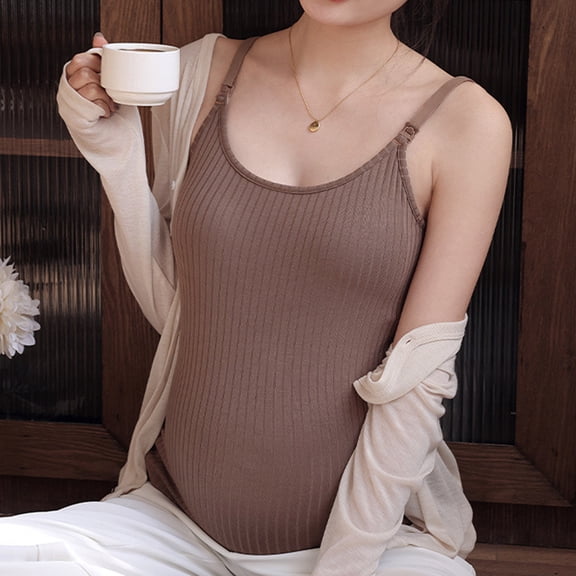 Lutiedan Maternity Tops Essentials Sleeveless Women's Crewneck Shirt Nursing Friendly Camisole with Adjustable Straps Built-in Shelf Bra Camisoles Breast Feeding Pregnant