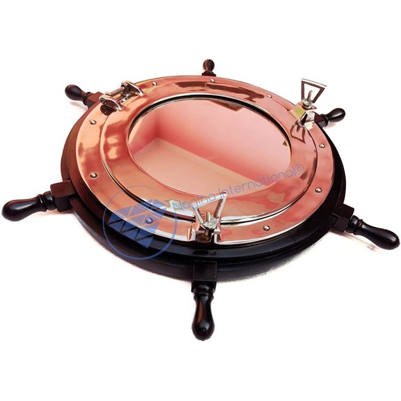 24" Inches Pirate's Black Wooden Ship Wheel With Polished Aluminum Ship's Nautical Porthole Mounted Mirror | Handcrafted Vintage Decor Ideas | Hanging Decorative Sculptures Wall Mountable Gifts Ideas