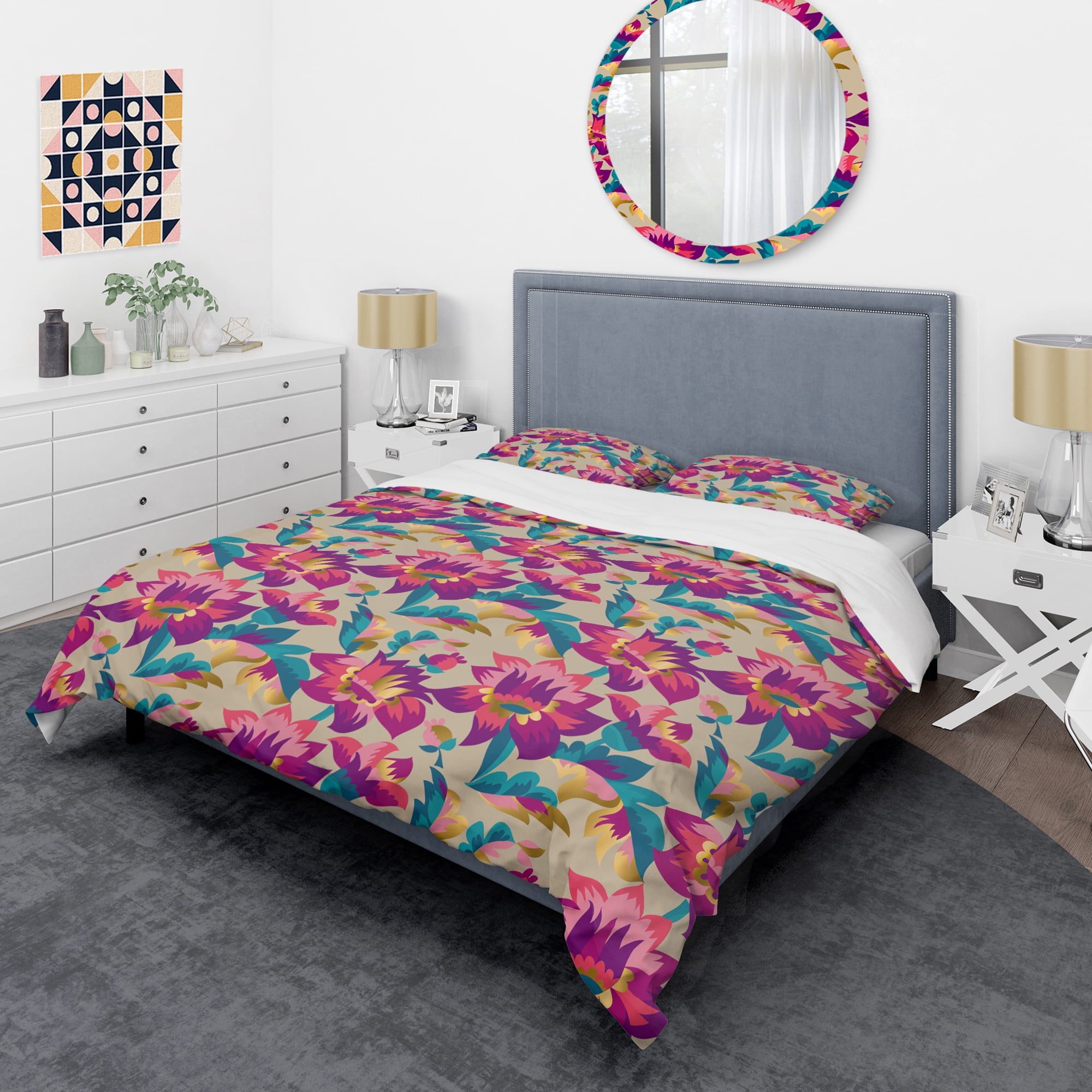 Designart 'Elegant blossom hand drawn folk pattern' Mid-Century Modern Duvet Cover Set