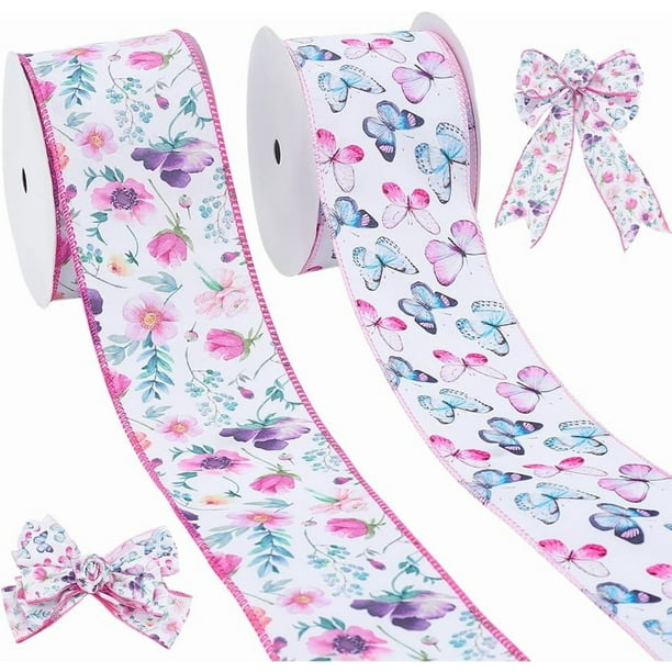 2 rollos de cinta floral con borde alambrado de 19,6 yardas x 2,5 pulgadas, cinta con flores de mariposa, cintas decorativas de verano para manualidades