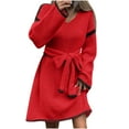 thumbnail image 2 of SMihono Straight Sweater Dress for Women Fall Winter 2025 Outfit Contrast Trim Jumper Knit Oversized Sweater with Belt Red Free Size, 2 of 9