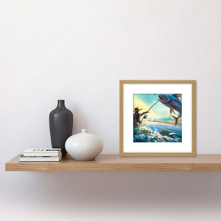 Fisherman Fishing Angler Large Fish Catch Sunrise Coastal Abstract Painting Square Wooden Framed Wall Art Print Picture 8x8 inch, Size: Framed Light