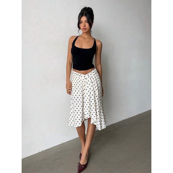 Black And White Polka Dot Asymmetrical Low Waist Knee-Length Skirt For Women