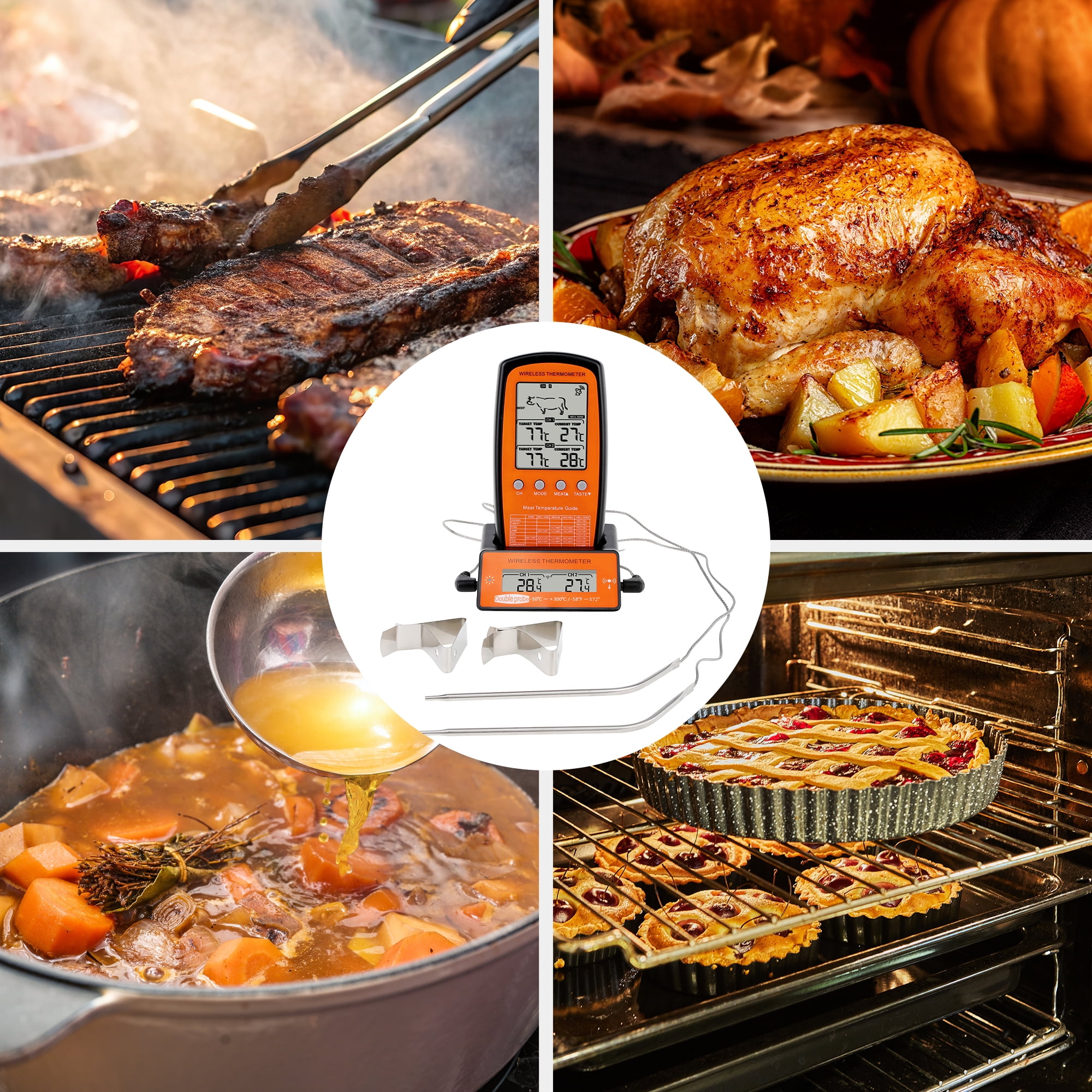 Unique Bargains Digital Meat Thermometer with 2 Temperature Probes Black/Yellow