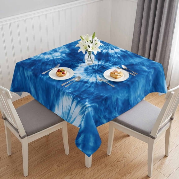 Blue Tie Dye Table Cloth Waterproof Tablecloths, Boho Ethnic Abstract Ombre Pattern Art Tablecloth Dining Table Cover for Kitchen Party Tabletop Outdoor, Square Tablecloth 60x60 Inch