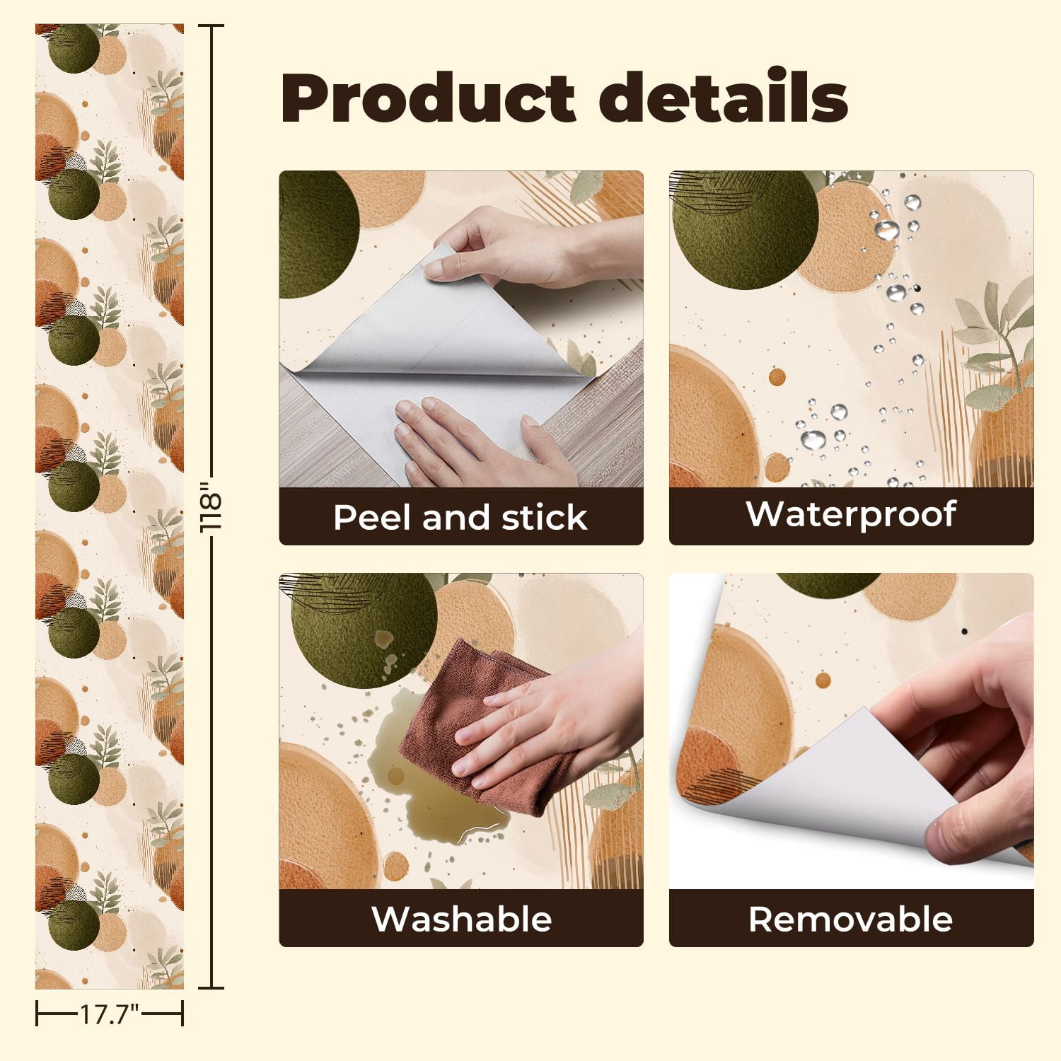Peel and Stick Wallpaper Abstract boho Earthy Tones Botanical Elements Wall Mural 17.7in x 9.8ft Self Adhesive Removable Wall Paper Renter Friendly Wallpaper for Bedroom Kitchen Bathroom