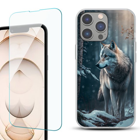 OneToughShield ® for iPhone 15 Pro Max Shockproof Fashion Phone Case, with Tempered Glass Screen Protector - Wolf Winter