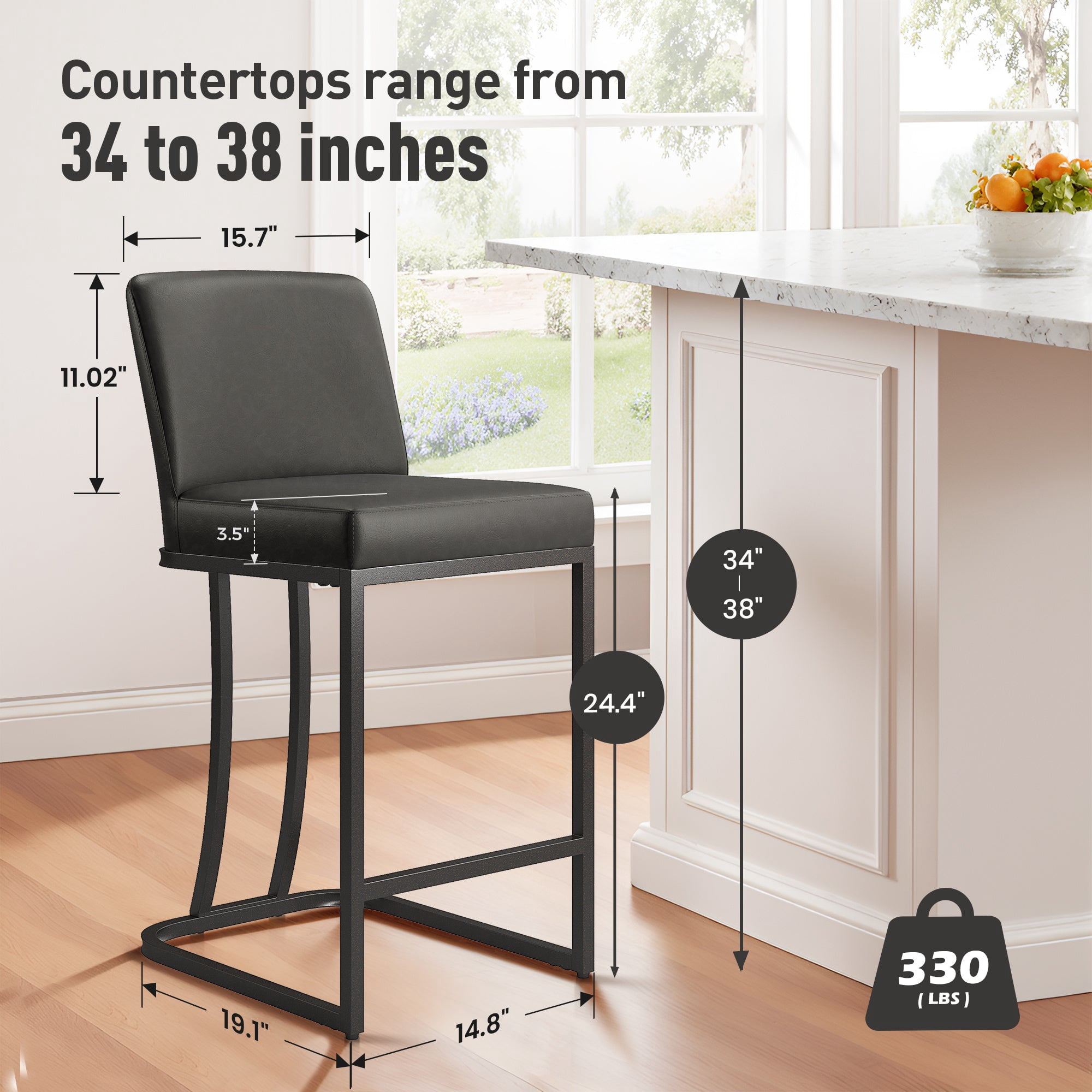 MF Studio 24" Counter Height Bar Stool with Back Set of 3, Faux Leather Bar Chair for Kitchen Island, Dark Gray