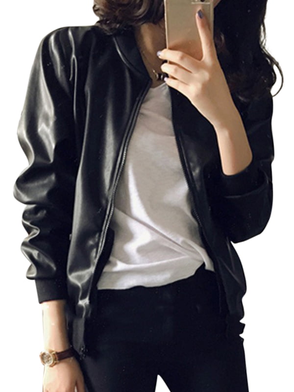 Korean Women's Stand Collar Slim Motorcycle Biker PU Leather Coats Short Jackets 