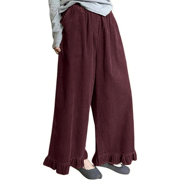 Ltctricy Corduroy Pants for Women Elastic High Waisted Drawstring Ruffled Hem Wide Leg Palazzo Pants Baggy Casual Trousers(Wine,Medium)