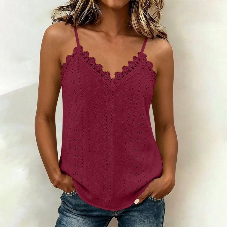 Summer Tops for Womens Eyelet Embroidery Lace V Neck Camisole Tank