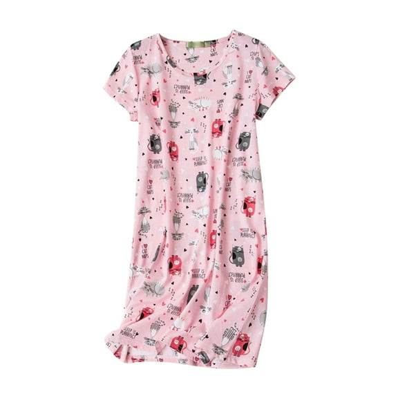 Clearance! Summer Dresses for Women 2024 Women's Cotton Nightgown Sleepwear Short Sleeves Shirt Casual Print Sleepdress Promotion Sale