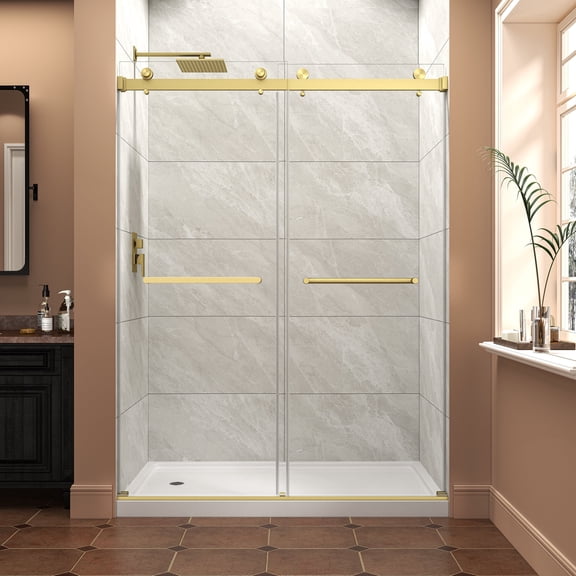 KPUY 55" - 60“ x 76" Frameless Double Bypass Sliding Shower Door with 5/16'' Clear Tempered Glass, Nano Explosion-Proof Film, Double Handle, Brushed Gold
