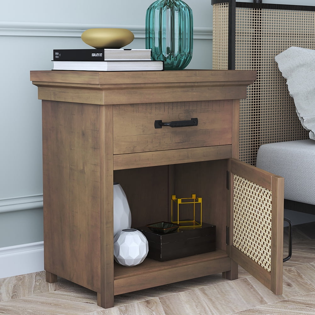 Private Jungle Rustic Nightstand with Drawer and Rattan Design Cabinet,Modern Wooden Bedside Table End Table for Living Room and Bedrooms,Natural Private Jungle Rustic Nightstand with Drawer and Rattan Design Cabinet,Modern Wooden Bedside Table End Table for Living Room and Bedrooms,Natural