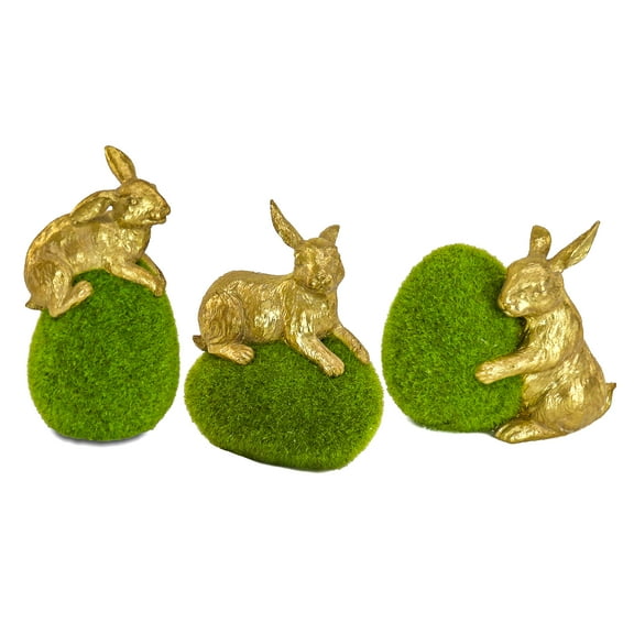 National Tree Company Artificial Green Moss Eggs, Includes Gold Bunnies, Set of Three, Easter Collection, 7 Inches