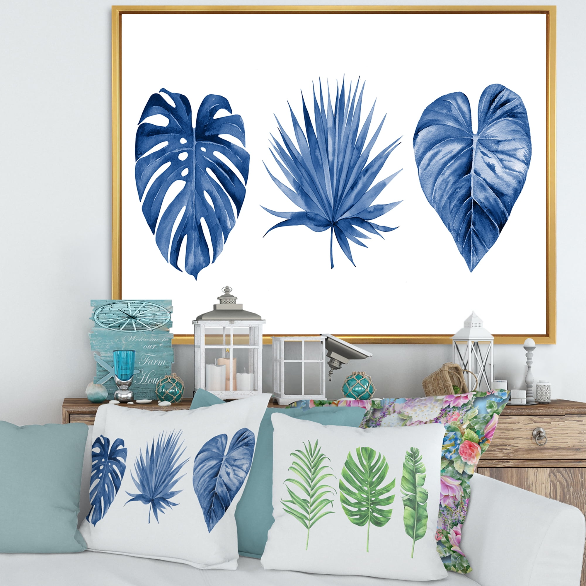 Designart 'Tropical Leaves In Classic Blue ' Tropical Framed Canvas Wall Art Print