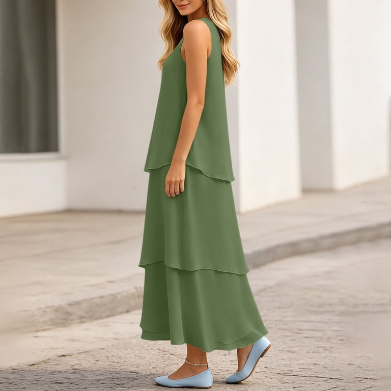 Hduncf Women's Tiered Chiffon Dress Casual Flowy Maxi Dress Solid Color Sleeveless Sleeveless A Line Formal Evening Dress Green S, Size: Small Hduncf Women's Tiered Chiffon Dress Casual Flowy Maxi Dress Solid Color Sleeveless Sleeveless A Line Formal Evening Dress Green S, Size: Small