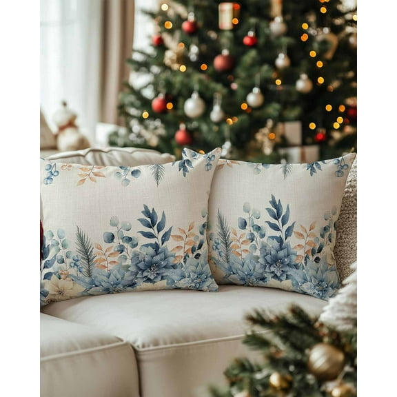 Christmas Decorative Throw Pillow Covers 12x20 Inch Set of 2 Eucalyptus Leaves Pillow Cases for Couch, Christmas Poinsettia Linen Cushion Case for Living Room Bedroom Bed Car Chair