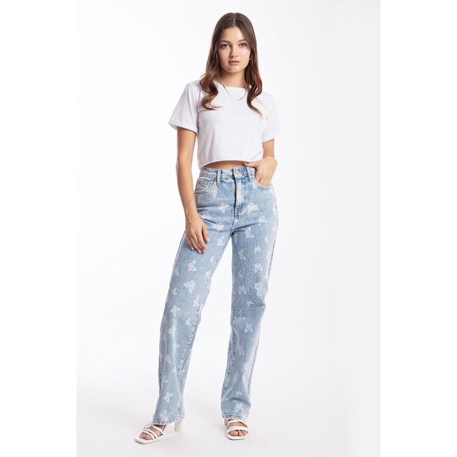 Jeans Wide Leg mariposas /Juvenil, 6542, (Mezclill claro) azul 5