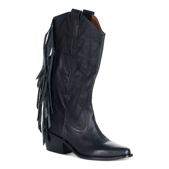 SILVIA COBOS Womens Black Decorative Stitching Fringed Cushioned Flirter Pointed Toe Block Heel Leather Western Boot 8