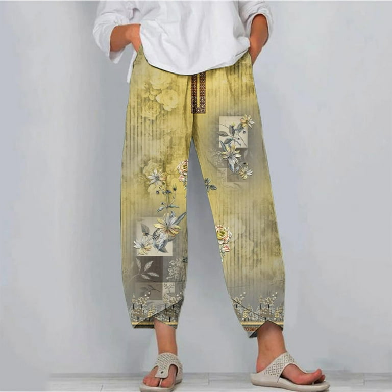 HUPOM Palazzo Pants For Women Dressy Women Capri Pants Chinos High Waist  Rise Long Straight-Leg Yellow 2XL 